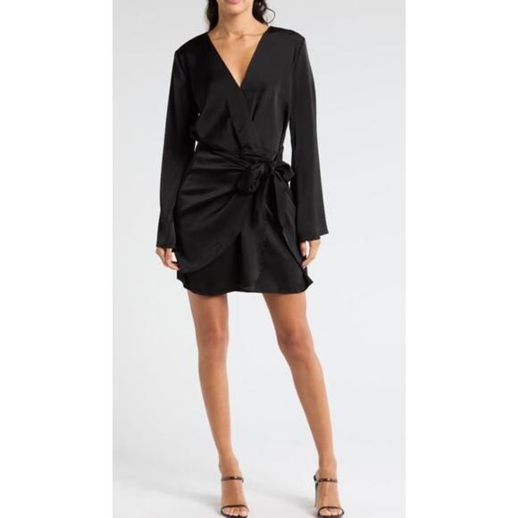 WAYF LONG SLEEVE WRAP DRESS with Mini tulip skirt. In black. Size S. NWOT - Picture 1 of 6